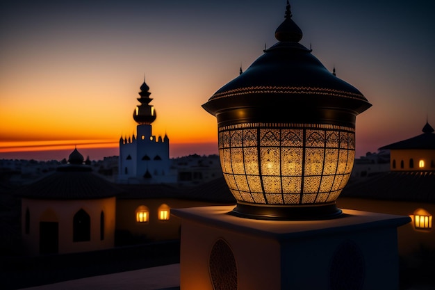 Mezquita Ramadan Kareem Eid Mubarak en la noche con fondo de luz solar Foto Gratis