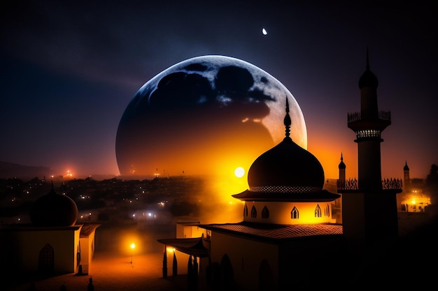 Foto gratuita mezquita ramadan kareem eid mubarak en la noche con fondo de luz solar foto gratis