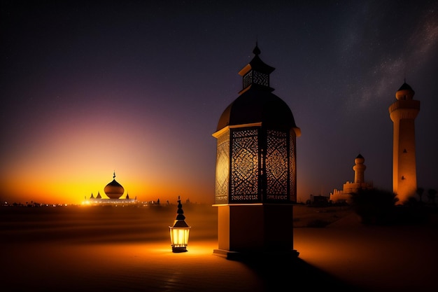 Mezquita Ramadan Kareem Eid Mubarak en la noche con fondo de luz solar Foto Gratis