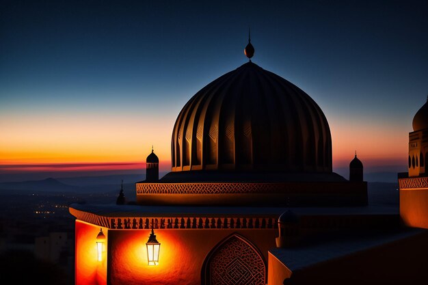 Mezquita Ramadan Kareem Eid Mubarak en la noche con fondo de luz solar Foto Gratis