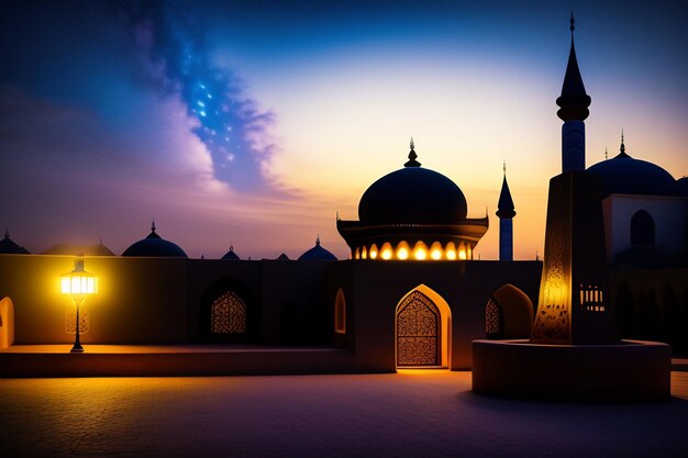 Mezquita Ramadan Kareem Eid Mubarak en la noche con fondo de luz solar Foto Gratis