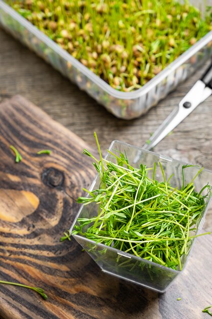 Microgreens. Brotes de lentejas sobre un fondo de madera.