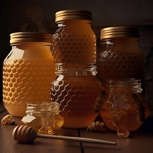 Foto gratuita miel en un frasco de vidrio con medalla de miel y panales de miel