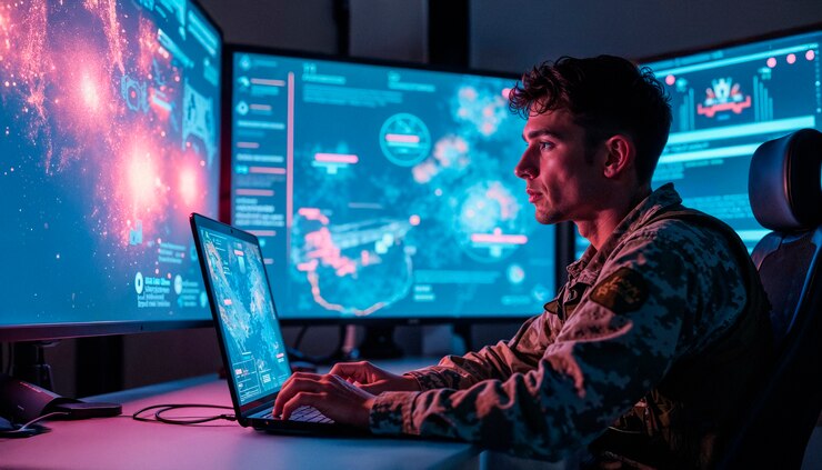 Foto gratuito military officer working on a computer in a data center