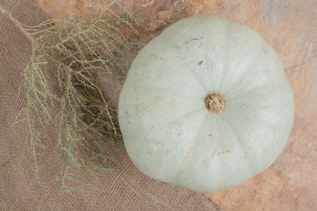 Mini calabaza blanca sobre arpillera con planta.