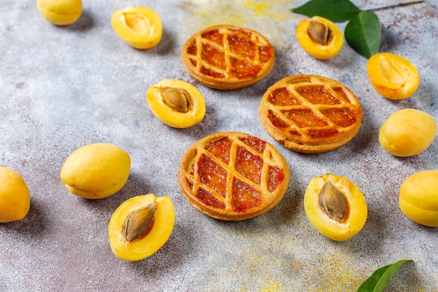 Mini tarta de albaricoque rústica casera o tartas con frutas frescas de albaricoque.