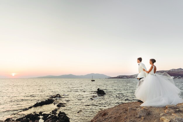 Mira desde lejos a la encantadora pareja de novios mirando la puesta de sol sobre el mar