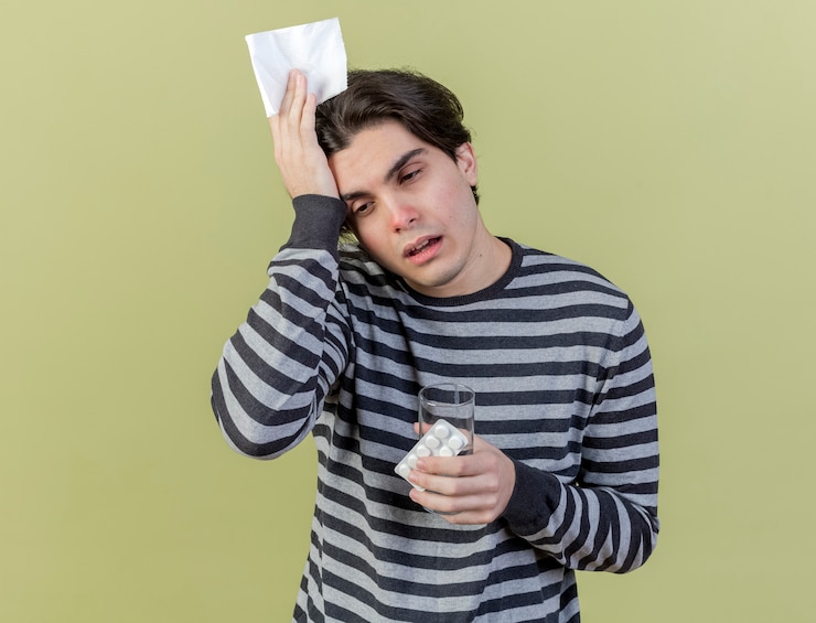 Foto gratuito mirando al lado cansado joven enfermo sosteniendo una servilleta con pastillas y poniendo la mano en la cabeza aislada sobre fondo verde oliva