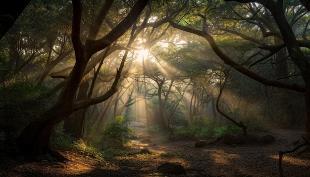 Foto gratuita el misterio rodea el espeluznante sendero del bosque de niebla generado por la ia