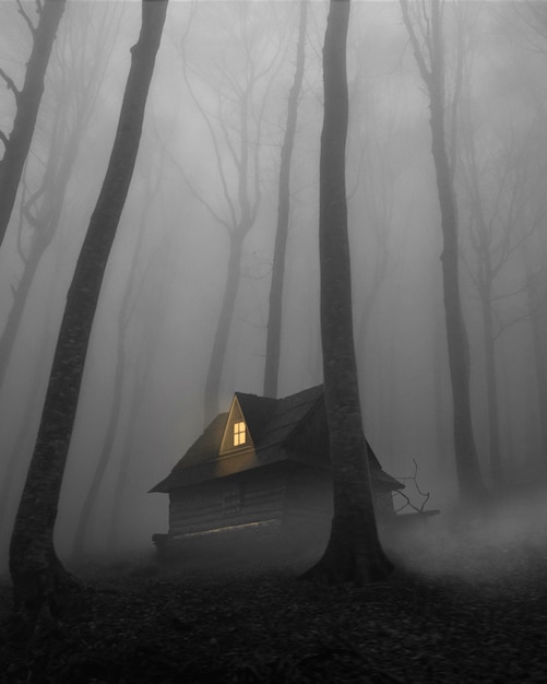 Misteriosa escena con casa en bosque.