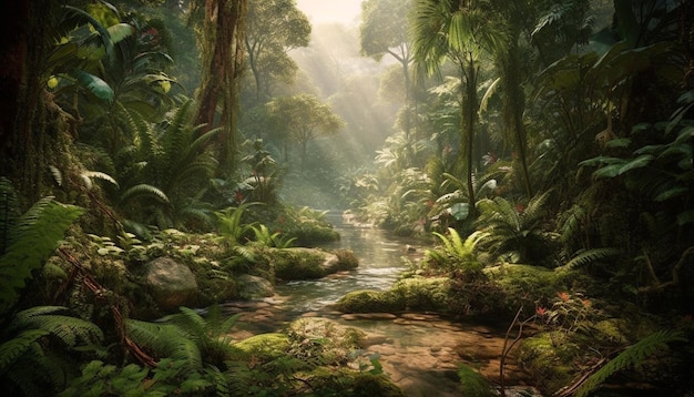 Foto gratuita misteriosa selva tropical verde helechos rocas húmedas agua que fluye aventura generada por inteligencia artificial