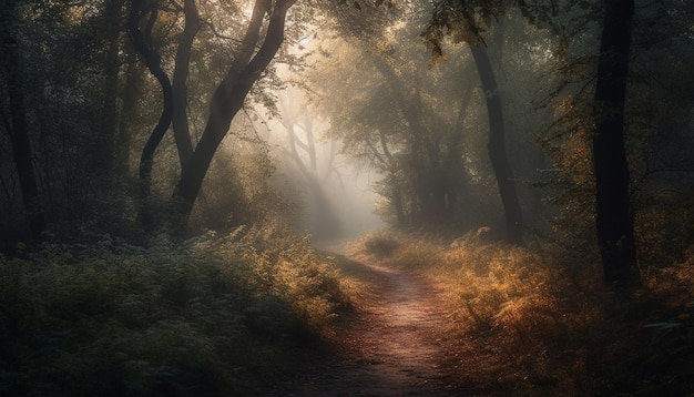 Foto gratuita misterioso bosque otoñal brumoso amanecer espeluznante belleza generada por ia