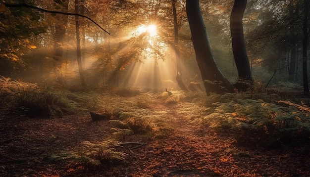 Foto gratuita misterioso bosque otoñal camino brumoso colores vibrantes generados por ia