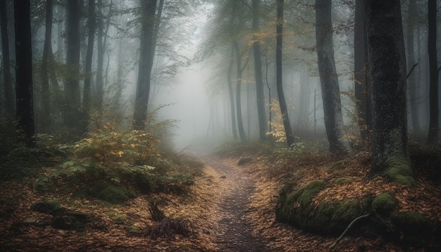 Misterioso bosque otoñal sendero brumoso belleza espeluznante generada por IA
