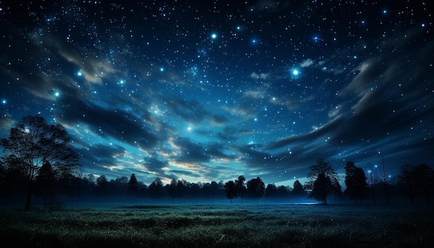 Un misterioso cielo nocturno ilumina un tranquilo paisaje estrellado generado por inteligencia artificial