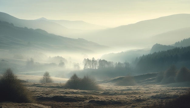 Foto gratuita misterioso paisaje montañoso al amanecer belleza tranquila generada por ia