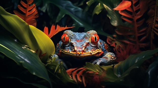 Foto gratuita misteriosos y raros anfibios de la selva con vibrantes patrones camuflados entre las hojas tropicales