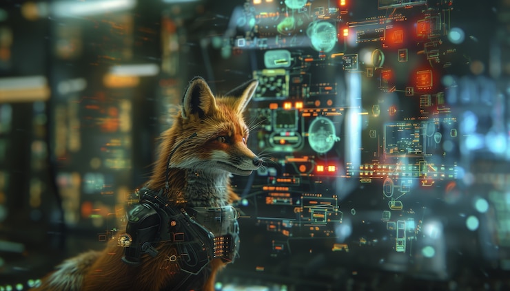 Foto gratuito la mitad zorro, la mitad robot en estilo fantasía.