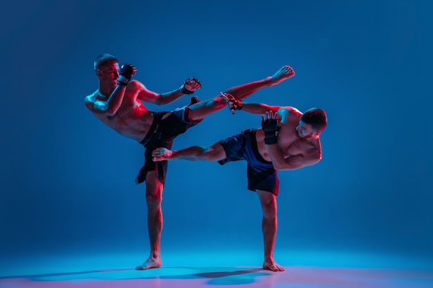 MMA. Dos luchadores profesionales de perforación o boxeo aislado en la pared azul en neón