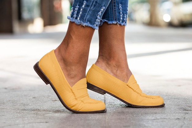 Mocasines de cuero amarillo zapatos de mujer moda