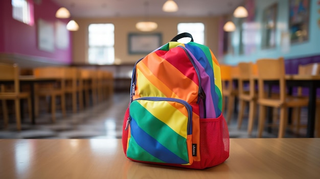 Foto gratuita una mochila colorida lista para la escuela en un aula