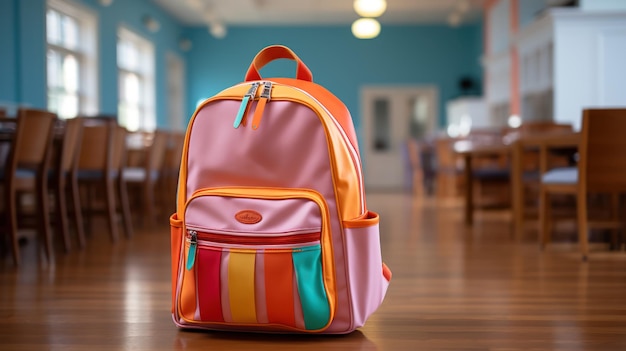 Una mochila colorida lista para la escuela en un aula