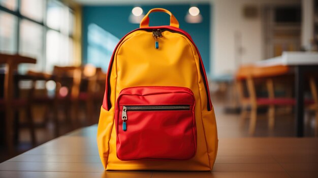 Una mochila escolar vibrante sentada en un aula