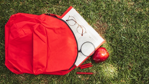 Mochila con libro y gafas sobre hierba.