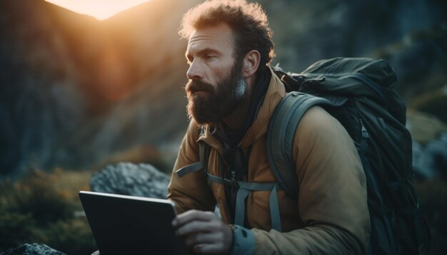 Mochilero barbudo explora la naturaleza con una tableta digital generada por IA