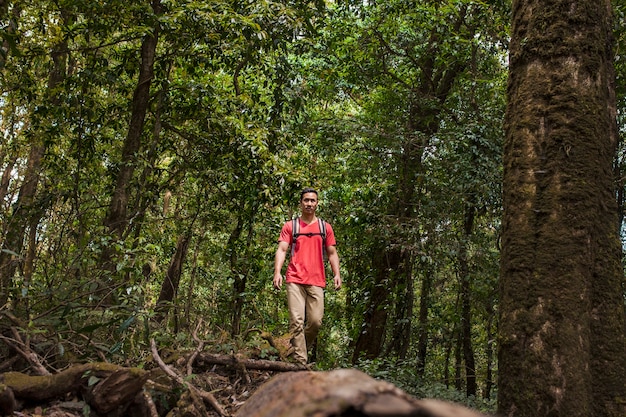 Foto gratuita mochilero en un bosque salvaje