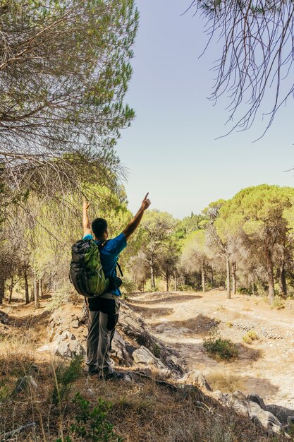 Mochilero levantando brazos en el bosque