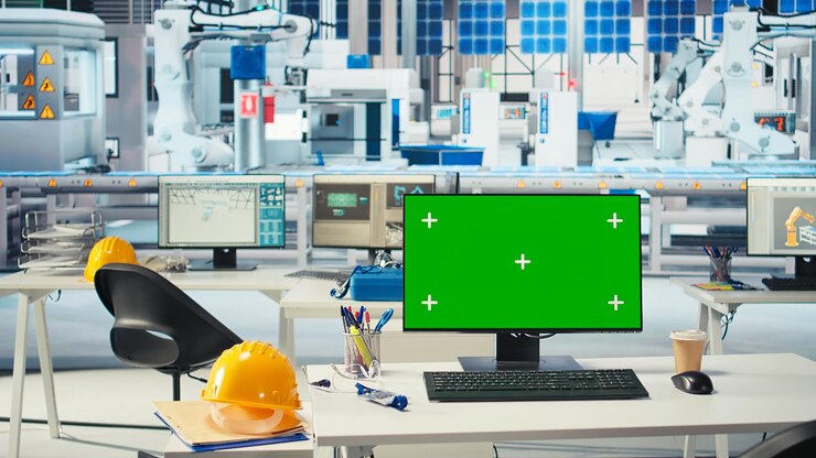 Foto gratuito mockup de pantalla de pc en una fábrica de fotovoltaica utilizada para monitorear el rendimiento del sistema