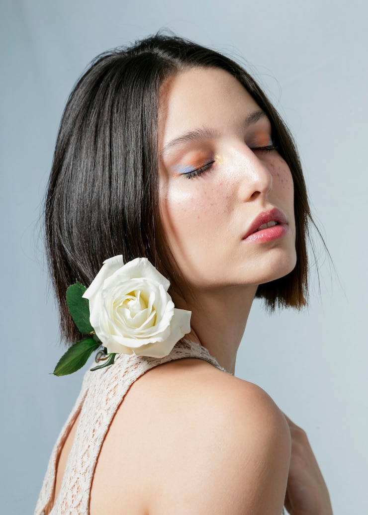 Photo Gratis model posing with white rose