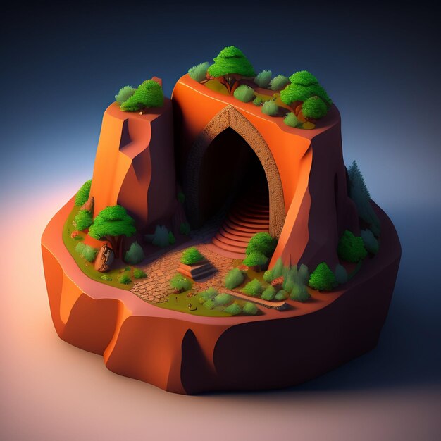 Un modelo 3d de una montaña con entrada a una cueva.