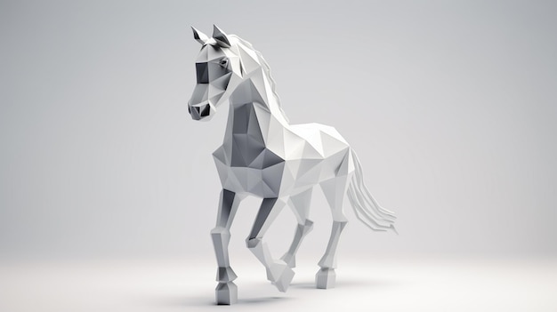 Un modelo 3D poligonal de un caballo sobre un fondo blanco