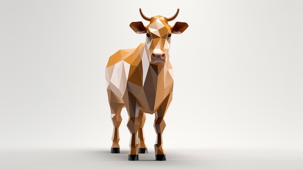 Un modelo 3D poligonal de una vaca sobre un fondo blanco