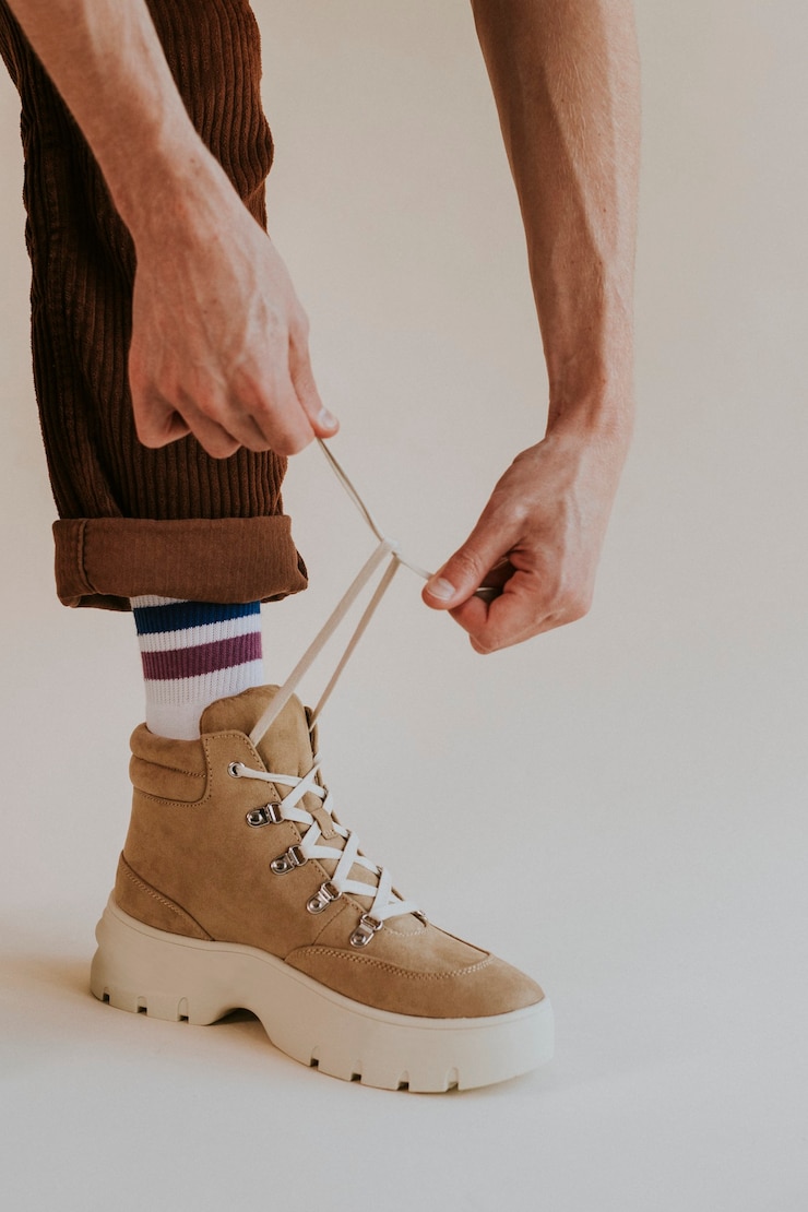 Foto gratuito modelo atar cordones zapatilla de gamuza