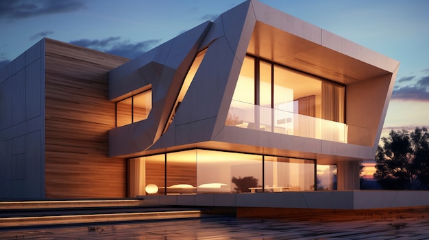 Modelo de casa en 3D con arquitectura moderna