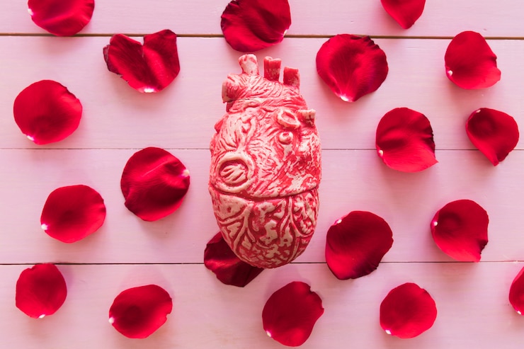 Foto gratuito modelo de corazón y conjunto de pétalos de flor roja.