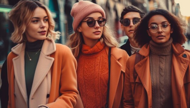 Modelo de moda sonriente exuda confianza en otoño generada por IA