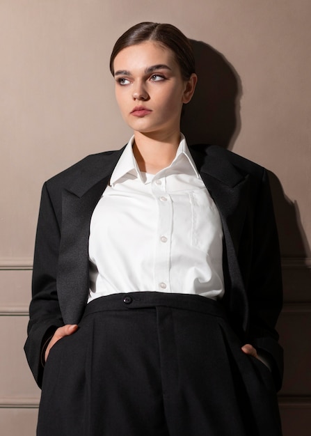 Modelo de mujer elegante posando en estudio en traje de chaqueta. nuevo concepto de feminidad