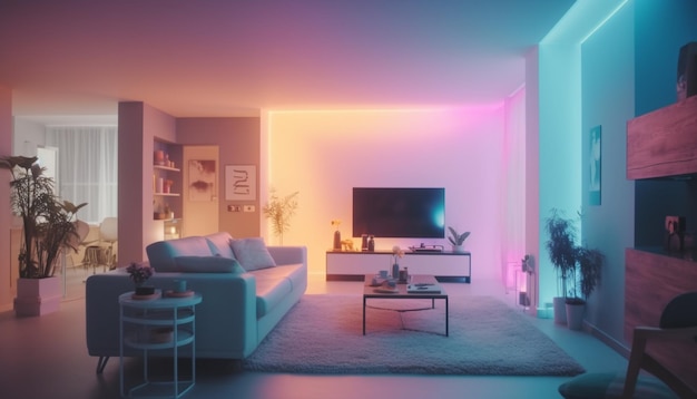 Moderna sala de estar de lujo luminosa con una decoración elegante generada por IA