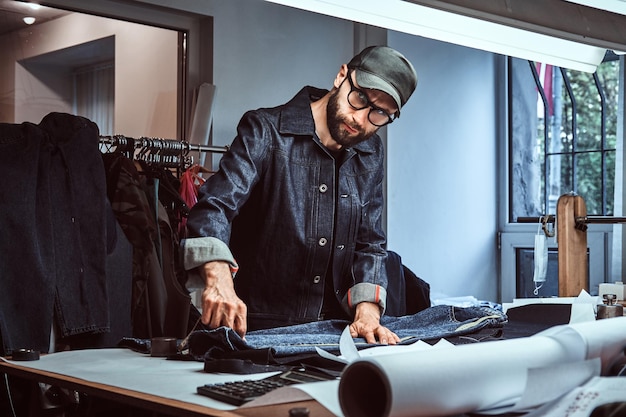 Modista mide tela con metro en su estudio. El hombre está mirando a la cámara. Lleva vaqueros, gorra y gafas. Hay muchas herramientas de costura en el fondo.