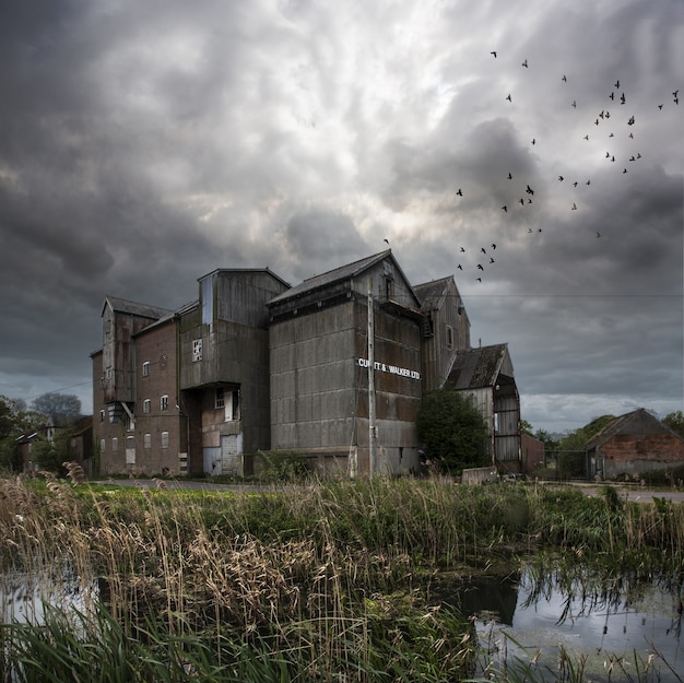 Molino abandonado con un cielo oscuro y pájaros volando en North Norfolk, Reino Unido