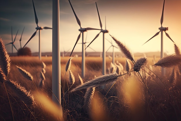 Molinos de viento en un campo de trigo con luz del atardecer Ai generativo