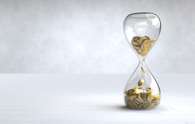 Moneda de oro en el reloj de arena El tiempo es dinero concepto