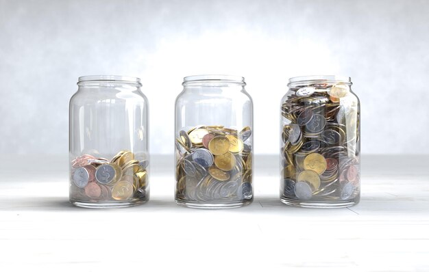 Monedas en un frasco de vidrio Concepto de ahorro de dinero