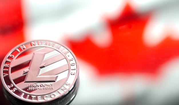 Foto gratuita monedas litecoin, en el contexto de la bandera de canadá, concepto de dinero virtual, primer plano.