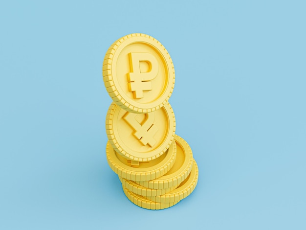 Foto gratuita monedas de rublo ruso de oro apiladas sobre fondo azul por 3d render