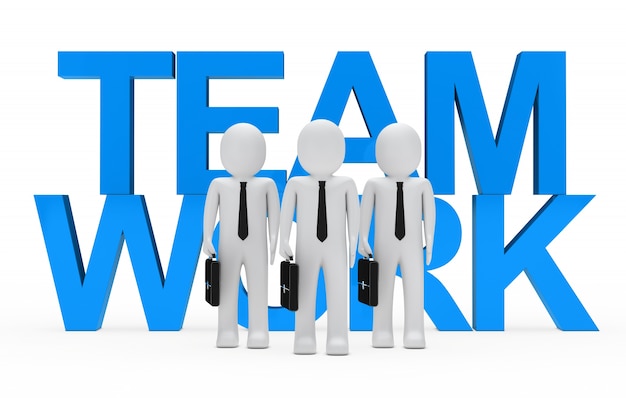 Monigote enfrente de la palabra azul "team work"